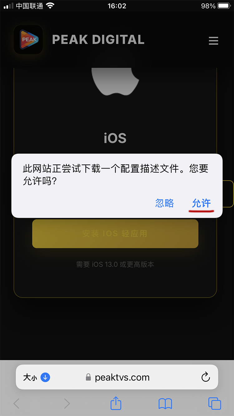 允许 Safari 下载配置描述文件