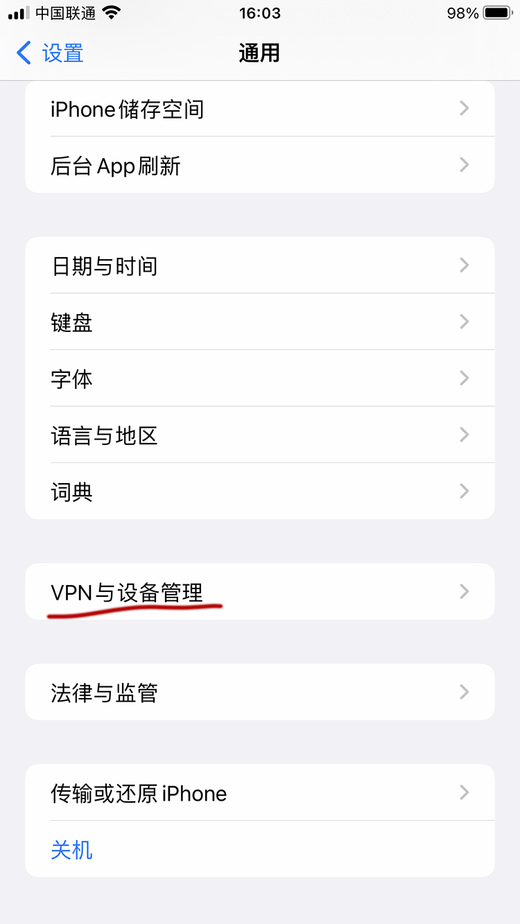 在 iPhone 通用设置中打开 VPN 与设备管理