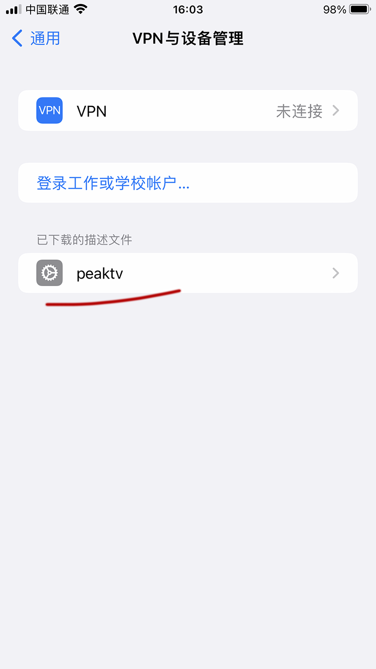 选择已下载的 PEAKTV 描述文件